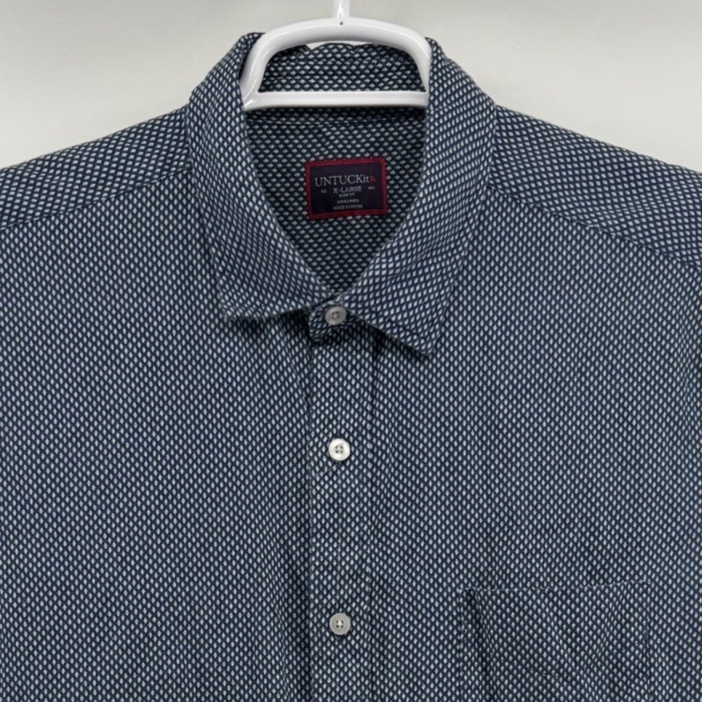 UNTUCKit Mens XL Slim Fit 100% Linen Short Sleeve Button Down Shirt Navy Diamond